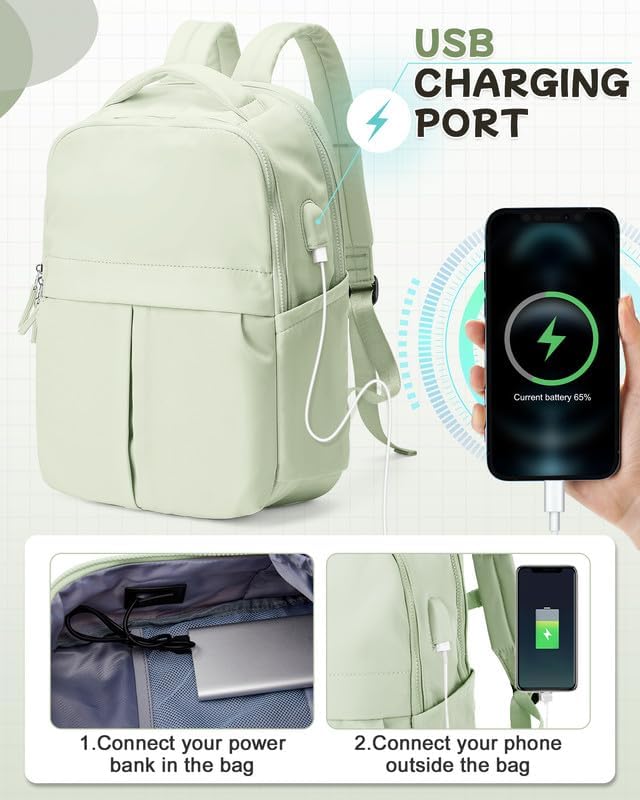 Small Laptop Backpack for Women - 14 Inch Laptop Compartment, Lightweight Waterproof Travel Backpack for College, Work, Green - Image 4
