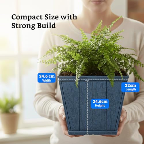 Image of Amazon Brand- Solimo Indoor and Outdoor Square 10 Inch Barrel Flower Planter Pot Best for Terrace /Balcony /Home /Office Decor - Set of 2