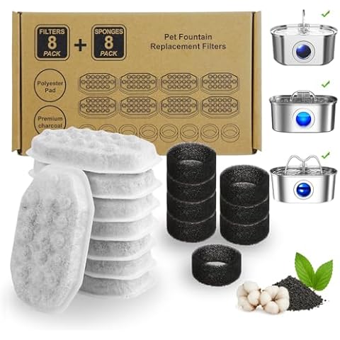 16 PCS Cat Water Fountain Filter for 108oz/3.2L Stainless Steel Dispensers – 8 Pack Replacement Filters for Pet Fountains – 8 Carbon + 8 Sponge – Improves Water Quality & Reduces Odors Cover