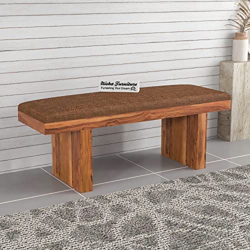 Image of Sheesham Wood 2 Seater Dining Bench with Upholstery | Solid Wood Bench for Living Room & Balcony | Honey Finish | Drawing Room | Without Pillow