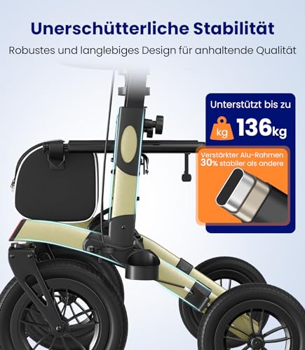 VOCIC Rollator Faltbar und Leicht mit Sitz,Outdoor Rollator mit Gummi-Nonluftbereifung für Allen Gelände,Aluminium Höhenverstellbare Rollatoren für Draußen&Langlauf&Reisen,Champagner(5 Jahre Support)