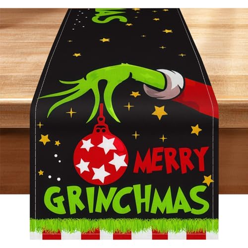 Grinch Tischdecke, Weihnachtstischläufer Modern Leinen, Festliche...