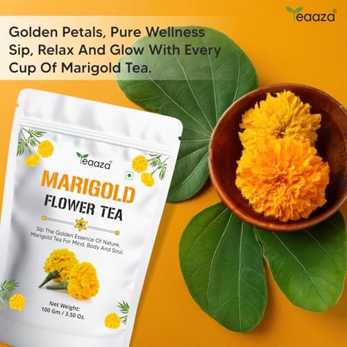 Image of Teaaza Marigold Flower Tea | Natural Sun Dried Marigold Flower | RELIEVES PAIN | Caffeine Free - Flower Based Herbal Tea - Gluten Free - Non - Bitter | Marigold Tea Leaves-100 Grams, 200 Cups