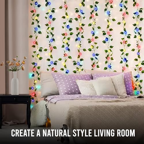 Image of Gesto Artificial Leaf Curtain LED String Lights - Multicolor Fairy Lights with 8 Modes Controller, AC Plug for Home,Room,Wall,Birthday,Wedding & Diwali Decoration, Green Leaf Hanging Lights (10x3 Ft)