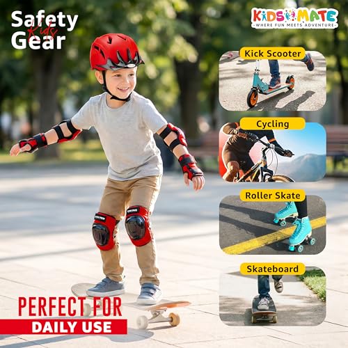 Image of Kidsmate Sports Protective Gear Set for Boys & Girls | Kids Safety Guard Contains Helmet, Knee Pads, Elbow Pads & Wrist Guards | Ages 3-14 Years, Ideal for Cycling, Skateboarding & Scooters (Red)