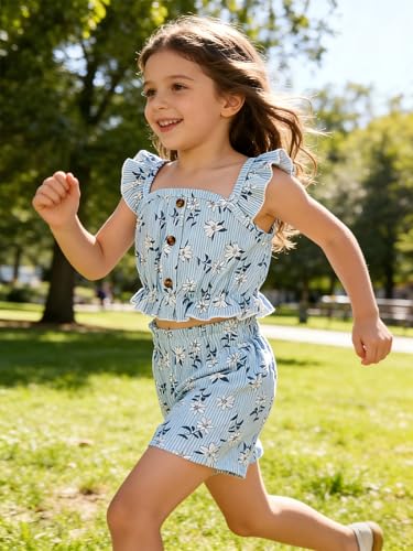 Image of Kids Toddler Girls Summer Clothes Button Design Striped Tank Top + Floral-Print Elastic Shorts 2 Piece Outfits