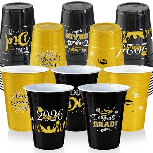 CUPLOOV Graduation Decorations 2026 Party Cups - 50pcs 16 Oz Gold and Black Disposable Graduation Plastic Cups for School Class of 2026 Grad Celebration Party Favors Supplies (5 Designs)