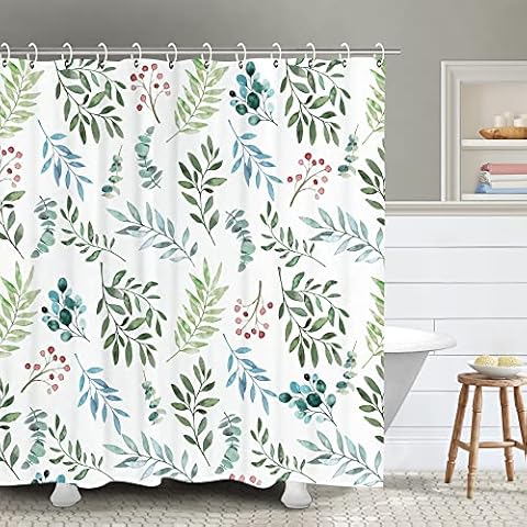 Stacy Fay Fabric Shower Curtain Curtains with Hooks Green Leaves Watercolor Floral Botanical Artistic Botany Bouquet Branch 70.8"X70.8" Waterproof Decorative Bathroom Cover