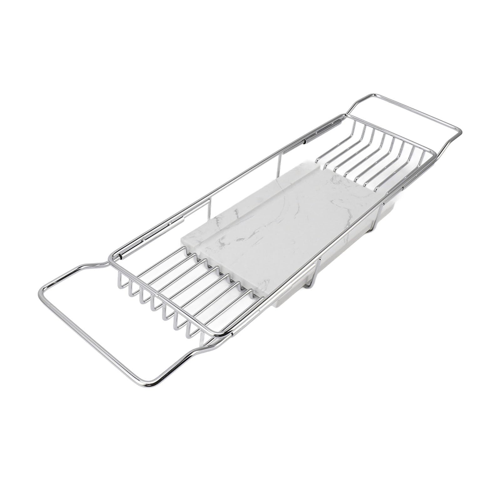 Bandeja y organizador de lujo para bañera, estante ajustable plateado y blanco para champú, jabón y accesorios, diseño duradero que se adapta a la mayoría de tinas para una mejor experiencia de spa y