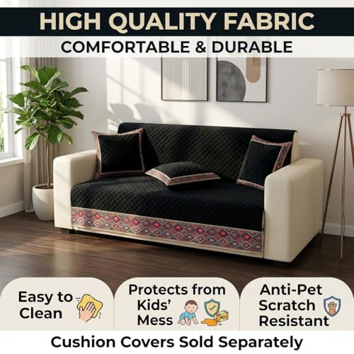 Image of KINGLY Sofa Cover 3 Seater Fully Covered | Stretchable Anti-Slip Slipcover | Washable Furniture Protector | Black Multicolor | Set of 2 | Seat & Back |