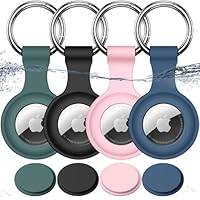 Joremx Wasserdicht Hülle für Apple AirTag Schlüsselanhänger, Silikon für AirTag Anhänger für Schlüssel/Koffer/Hundehalsband/Kinder, 4er Set (Pink + Green + N Blue + Black)