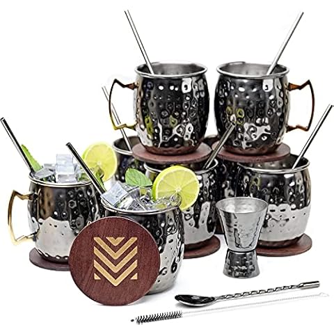 Advanced Mixology [Gift Set] Black Moscow Mule Mugs (18oz) | Black Mule Mug w/Gunmetal Finish | Comes w/Straws, Coasters, Jigger, Spoon & Brush | Black Tin Mugs (5 - Set of 24) Cover