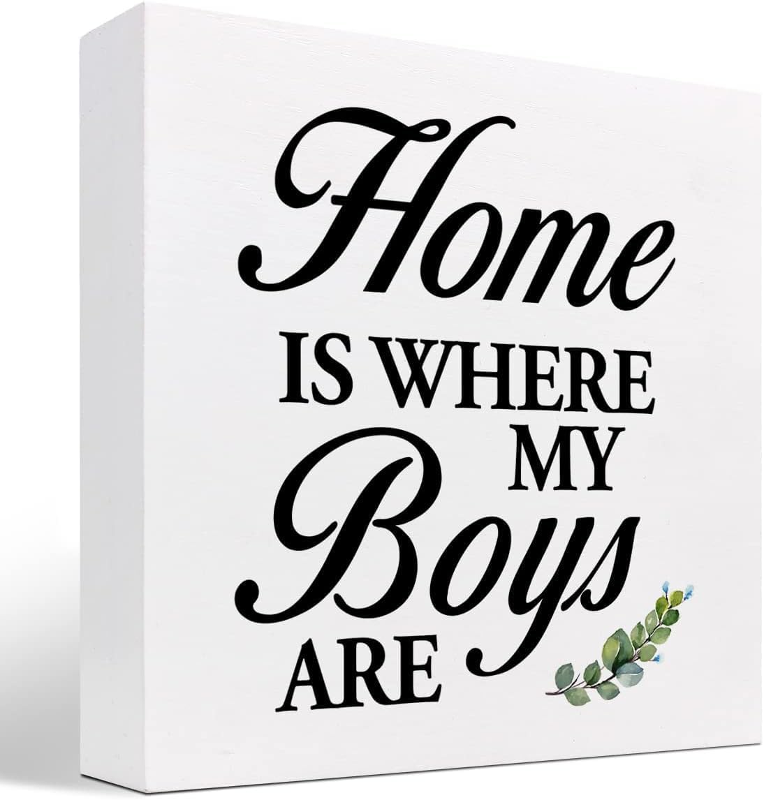 Wooden Home Is Where My Boys Are Son Family Box Sign,5×5in Farmhouse Decor,Shelf table plaque for living room indoor parent warm boys themed household accent display