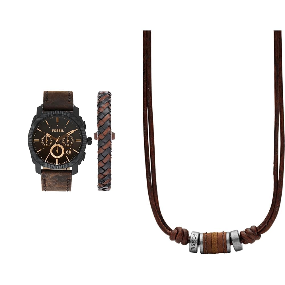 Fossil Machine Uhr für Herren, Chronographenwerk mit Edelstahl- oder Lederarmband, Dunkelbraun, 42MM & Herren Halskette aus Edelstahl und Leder 0.6 x 41.1 x 2.2