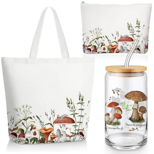 FoldTier 3 Pcs Plant Lover Gift for Women, Spring Aesthetic Gift for End of Year Teacher, Floral Canvas Tote Bag, 16 oz Coffee Cup with Straw Lid, Makeup Bag for Mother Birthday(White,Flower)