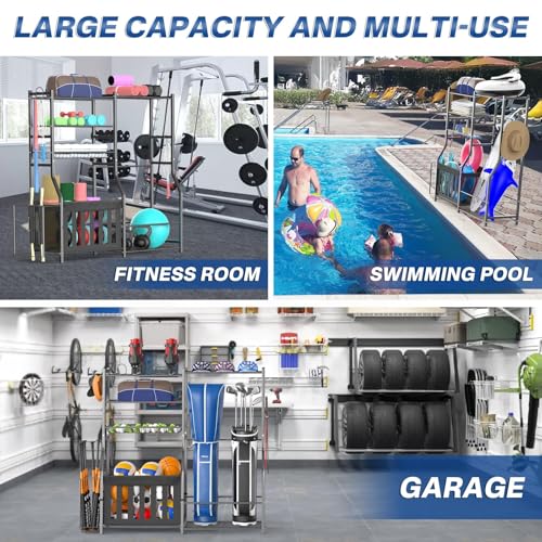 Image of Heavy Duty Garage Sports Equipment Organizer, All-in-One Golf Bag Storage Rack & Multi-Sport Ball Holder for Basketballs, Bats & Kids Toys, Indoor /Outdoor Free Standing Gear Bin
