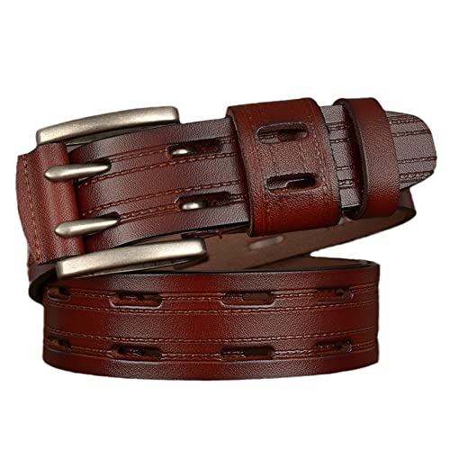 Men's Double Prong Leather Belt - 38mm Stitched Strap With Rectangular Holes For Work Casual