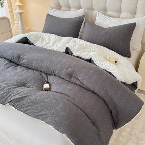 Image of tohrisa Boho Comforter Set Full Size Striped Pleats Bohemian Seersucker Bedding Set All Season Soft Cozy 3 Pieces Quilt with 2 Pillowcases(80 inchX90 inch Dark Grey)