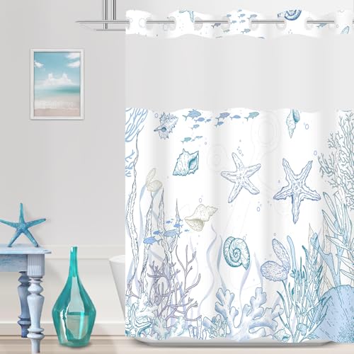 TWLSNCD No Hook Nautical Coastal Shower Curtain with Snap in Liner Set, Ocean Summer Beach Seashell Design, Hotel Quality Bathroom Decor, with See Through Mesh Top Window, Blue 71