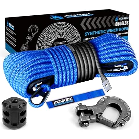 Synthetic Winch Rope Kit, 3/16" x 50ft 8500LBS Blue Winch Cable with Protective Sleeve, Forged Winch Hook, Rubber Stopper and Safety Pull Strap for ATV UTV Cover