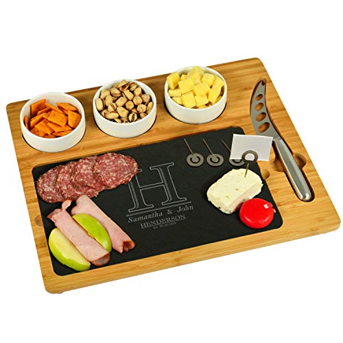 Picnic at Ascot Custom Personalized Engraved Bamboo & Slate Cheese/Charcuterie Board - Includes 3 Ceramic Bowls & Cheese Knife- Patent Pending USA