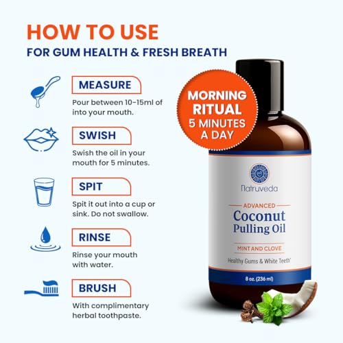 Image of Natruveda Coconut Oil Pulling Mouthwash - 8 oz, Virgin Clove & Mint Blend, Ayurvedic Oral Rinse for Teeth Whitening, Natural Mouthwash for Gums, Gentle Pulling Oil for Daily Use
