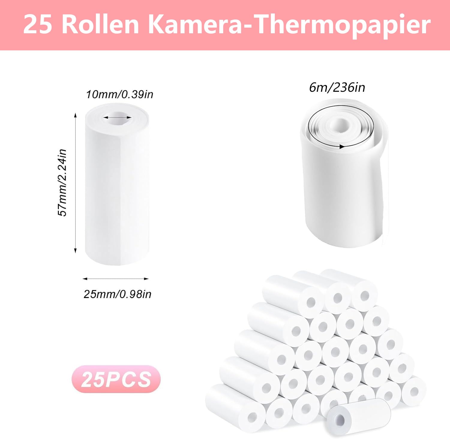 Papier thermique 57x25mm 25 Rouleaux pour Appareil Photo Enfant Imprimante Thermique