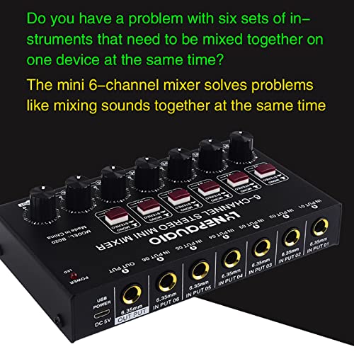 Qican Mini mixer de áudio estéreo de 6 canais Mixer de instrumentos musicais Vento elétrico/Guitarra