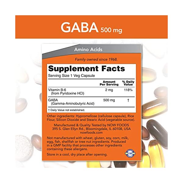 NOW Supplements, GABA (Gamma-Aminobutyric Acid) 500 mg + B-6, Natural Neurotransmitter*, 200 Veg Capsules