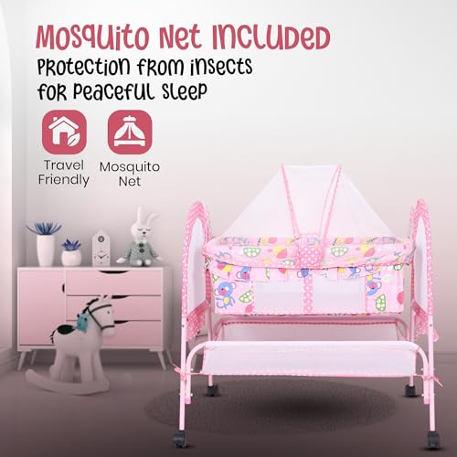 Image of FLIPZON Baby Cradle with Mosquito Net & Lockable Wheels | Foldable Baby Jhula /Palna with Storage Basket & Soft Mattress | Portable Newborn Baby Bed Crib for Infants (Pink)