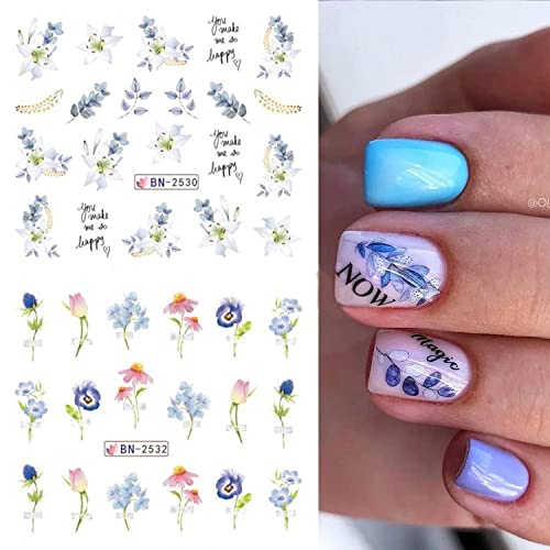 12 Sheets Flower Nail Art Stickers Decals Floral Water Transfer Nail Decals Nail Art Supplies Spring Summer Watercolor Blooming Flowers Floral Leaf Nail Stickers Manicure Decoration For Women Acrylic Nails (Flower 02) #TOP2