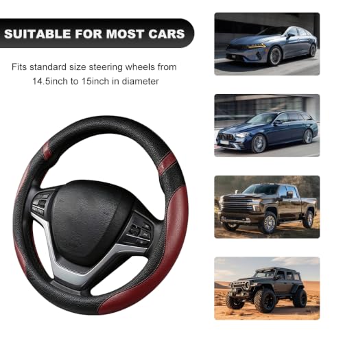 Image of Car Steering Wheel Cover, 15 Inch Premium Leather Breathable Non-Slip Wheels Wrap, Universal Auto Comfortable Steering Wheel Protector for SUV Truck Van, Car Accessories (Wine Red)