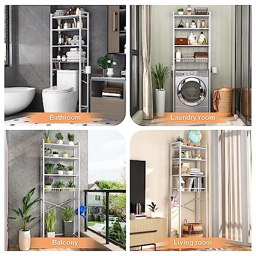 Over-The-Toilet Storage Rack, 4-Tier Bathroom Organizer Shelf Over Toilet with Adjustable Shelf and Basket, Freestanding Space Saver Bathroom Shelves Above Toilet for Room (Pure White) - Image 4