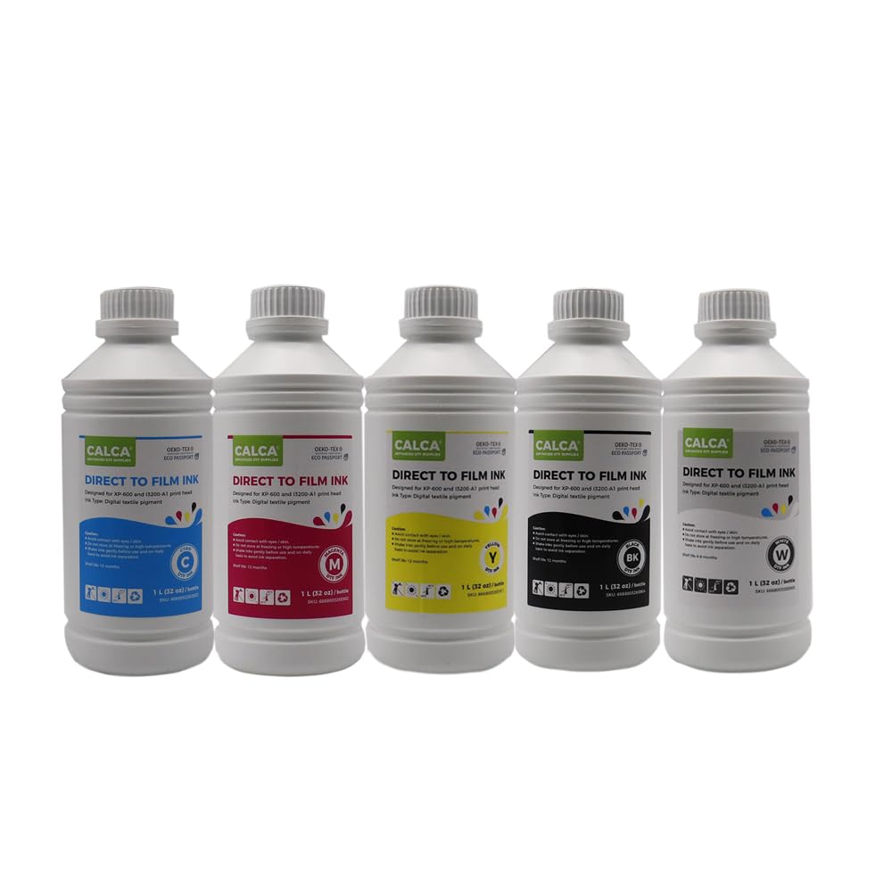 US-Stock CALCA DTF Printing Ink Direct to Transfer Film Ink DTF Ink for E Printheads. 32 oz, Bottle of 1L, Water-Based DTF Inks 5 Colors(C,M,Y,K,W)