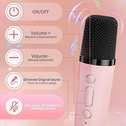 Image of Pink Portable Bluetooth Speaker with Wireless Mic, RGB LED Party Light, Heavy Bass Karaoke Speaker, Rechargeable Battery, Portable Handle, Wireless Mic for Kids & Adults, Home & Outdoor Party