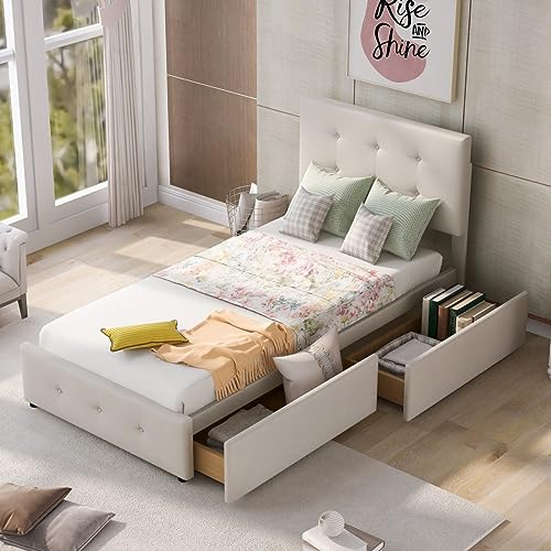 Cadre de lit rembourré avec sommier, Beige