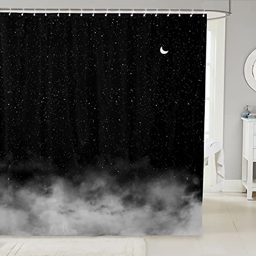 Loussiesd Shiny Star Bath Curtain Moon Star Sky Shower Curtain Gradient Black Grey Bathroom Fabric for Teens Stalls Bathtubs Romantic Style Waterproof Curtains 72x78 Inch