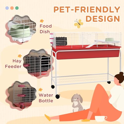 PawHut Two-Story Small Animal Cage Removable from Stand, Guinea Pig Cage with Shelf & Wheels, Pet Habitat for Hedgehog, Chinchilla, Ferret, 39\" x 20.5\" x 36.5\", Red - Thumbnail 6
