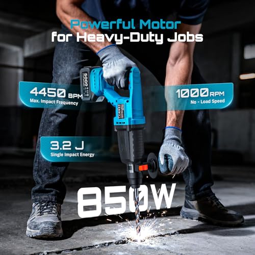 Image of Seesii 1 inch Cordless SDS-Plus Rotary Hammer Drill, 2 x 5.0Ah Batteries, 3.2J | Brushless Motor, 4 Modes with Kickback Protection, Dust Cover, Chisels, Drill Bits for Concrete Drilling & Home Renovation