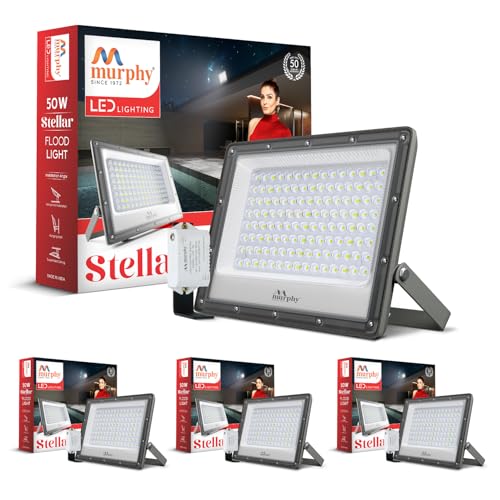 Image of Murphy Stellar 50W LED Flood Light with Day-Night Sensor & Driver, Cool White 6500K, IP66 Waterproof, Outdoor Security & Landscape Lighting, BIS Approved, 2-Year Warranty - Pack of 4