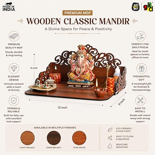 Image of Gift Kya De Wooden Pooja Mandir for Home Wall | Small Temple for Office & Room | Indian Wooden Temple for Table or Shelf | Compact DIY Mandir | 12x9x6 Inch | Classic Design