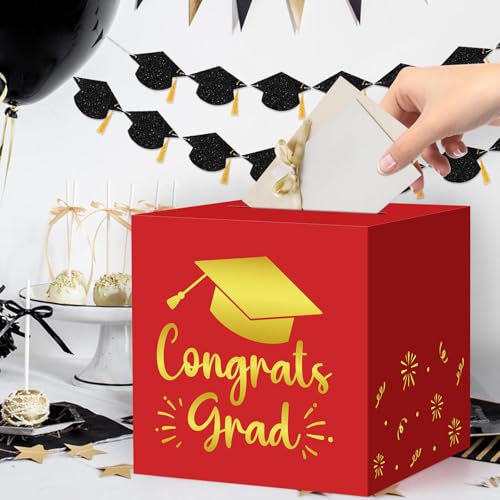 Image of Hooqict Graduation Card Box with Slot 9.1 inch Congrats Grad Red Gold Money Card Box for Class of 2026 Graduation Decorations Money Envelope Gifts Cards Holder Grad Party Supplies