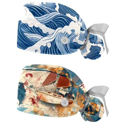 2 Pcs Working Cap with Buttons Sweatband Nautical Waves White and Blue Color Ribbon Tie Back Bouffant Hats