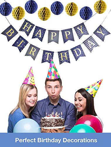 Happy Birthday Banner Party Decorations With 8 Tissue Paper Pom Pom Balls – Premium Quality Blue Bunting Banner With Shiny Gold Letters – Party Supplies – For Kids And Adults #TOP3