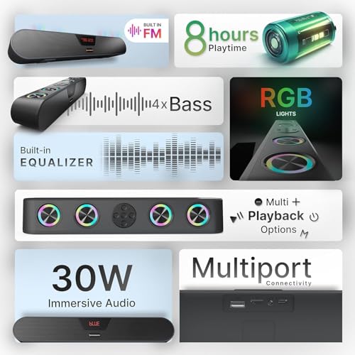 Image of CrossBeats Blaze B30 Bluetooth 30W Soundbar Gaming RGB Light, AUX, BT, SD Card, USB &FM, 8 Hrs Playtime Fast Charge Sound bar Smart tv with Built-in mic, Speaker for Mobile, PC, Laptop (B30 (New))
