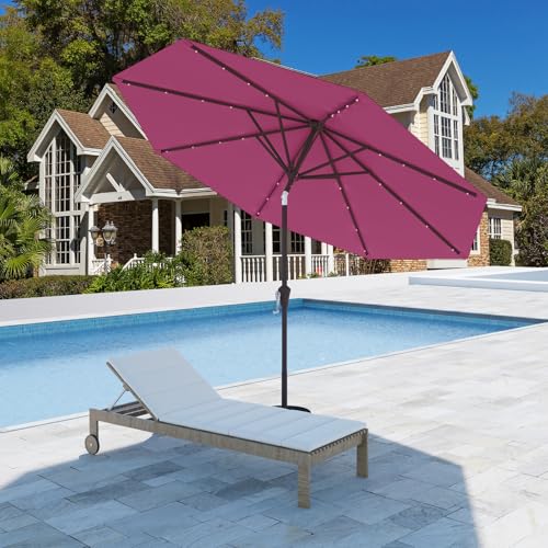 Image of 9FT Patio Umbrella with Solar Lights,Outdoor Market Umbrella with Tilt and Crank, LED Lighted Table Umbrella for Garden,Deck,Backyard,Pool,Beach (Rose Pink)