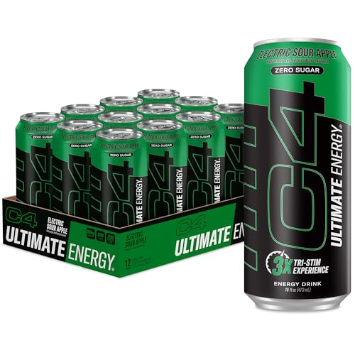 C4 Ultimate Energy Drink with Zero Sugar, Sour Apple, 16oz Pack of 12