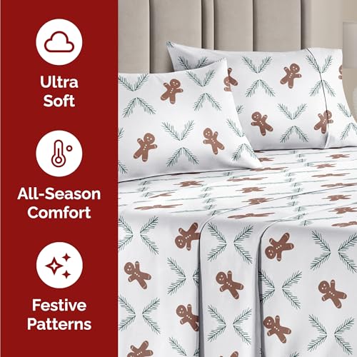 King Christmas Gingerbread Cookie Sheet Set - Holiday Xmas Pattern Bedding Set - Deep Pockets - Snug Fit - 4 Piece - Wrinkle Free - Comfy Festive Winter - Holiday Sheets for Women, Men, Kids & Teens