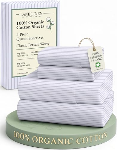 Image of LANE LINEN 100% Organic Cotton Sheet Sets Queen Size, 4Pc Queen Size Cotton Sheets, Hotel Style Sheets, Bedding Sheets & Pillowcases, Queen Sheet Sets Deep Pockets Fits Upto 15 inch - Blue Ticking Stripe