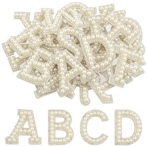 CHRORINE 26/52/78 Pcs Self Adhesive Pearl Rhinestone Letter Patches A-Z Pearl Letter Alphabet Stickers for Hats Clothes Pants Bags (26 White Height 1.9)